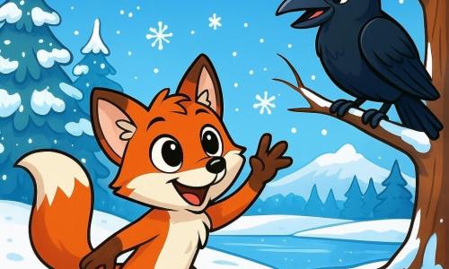 Um pequeno raposo com pelagem ruiva brilhante, grandes olhos curiosos e um sorriso travesso, está em um caminho coberto de neve, admirando os flocos de neve que caem suavemente ao seu redor. Ao lado dele, uma corvo de plumagem negra brilhante, empoleirada em um galho, observa a cena com um ar sábio e divertido, seus olhos brilhando de malícia. O cenário é uma vasta paisagem de inverno, com árvores majestosas cobertas de neve cintilante, um lago congelado que reflete o céu azul claro e colinas suaves envoltas em um manto branco. Nessa cena, o pequeno raposo, maravilhado com a beleza do inverno, tenta pegar um floco de neve que cai, enquanto a corvo, divertida, o encoraja com um grito alegre.