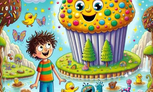A 10-year-old boy named Oliver, with curly, tousled hair, wears a colorful striped t-shirt and denim shorts. He has a big smile on his face, filled with wonder and joy, as he stands on a giant sparkling muffin, ready for adventure. Next to him, Muffy, the magical muffin, is depicted as a giant muffin in bright colors, with sparkling eyes and a big smile, surrounded by flying sprinkles. The setting is the Land of Wacky Socks, where the ground is made of fluffy clouds and the trees are giant colorful socks dancing gently. Chocolate rivers flow nearby, and sunny ducks float joyfully. The main scene shows Oliver and Muffy laughing together as they prepare to face the Great Sock Monster, who stands in the background, looking puzzled yet curious, surrounded by dancing socks and bright laughter.