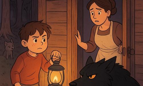 A 6-year-old boy with a round, freckled face and messy brown hair, looking determined and slightly anxious, holds a small glass lantern emitting warm golden light while standing in the partly open wooden doorway; inside, his mother, about 30, with a soft silhouette, brown hair in a bun and a flour-dusted apron, watches him with protective worry, hand on the door. Outside, a large black wolf with a glossy coat and cold amber eyes crouches at the threshold, threatening but hesitant, one paw raised toward the lantern; a gray wolf pup peeks worriedly from behind a tree in the shadowy background. The setting is a small rough wooden house with a brown tiled roof, worn floorboards and a stone threshold, bordered by a dense forest under a plum-colored twilight sky. The boy offers the lantern through the door, the light forming a golden circle that partially illuminates the wolf’s face and softens surrounding shadows, creating a gentle tension between fear and compassion. Style: warm lighting, detailed wood and fur textures, rounded strokes and readable expressions, reassuring atmosphere despite the danger.