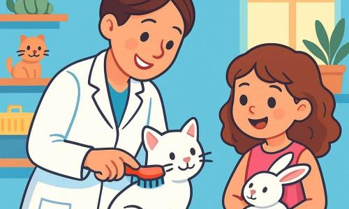 O veterinară zâmbitoare, o femeie de aproximativ treizeci de ani cu părul castaniu prins în coc, poartă un halat alb strălucitor. Ea se apleacă cu blândețe peste o pisicuță albă, mângâind-o ușor cu o perie colorată, fața ei strălucind de bunătate și bucurie. Lângă ea, o fetiță de 6 ani, cu părul creț și o rochie roz, ține un iepuraș alb, observând cu atenție scena, ochii ei strălucind de uimire. Cabinetul veterinar este luminos și primitor, cu pereți vopsiți în albastru pastel, rafturi pline de jucării pentru animale și plante verzi care aduc o notă de natură. În fundal, o fereastră lasă să intre lumina soarelui, iluminând încăperea. Situația principală arată veterinară și fetița distrându-se în timp ce periează blana iepurașului, creând o atmosferă de blândețe și complicitate, unde dragostea pentru animale și bucuria de a învăța se împletesc armonios.