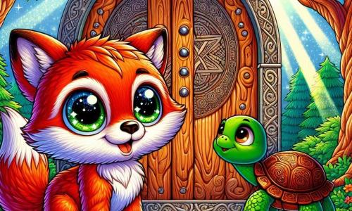 Un piccolo volpe dal pelo rosso vivo, con occhi scintillanti di curiosità, si trova davanti a una grande porta di legno decorata con motivi magici. Mostra un'espressione di meraviglia, con le sue piccole zampe anteriori sollevate come se esitasse a entrare. Accanto a lui, una saggia tartaruga, con un guscio decorato di simboli antichi, sorride dolcemente, i suoi occhi pieni di benevolenza. La scena si svolge in una foresta incantata, circondata da alberi maestosi e un terreno ricoperto di fiori colorati. Il volpe, intrigato dalla porta misteriosa, si prepara a entrare in un mondo fantastico, mentre la tartaruga gli offre parole di saggezza, segnando l'inizio di una grande avventura filosofica.