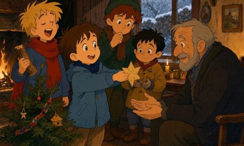 Five characters: Ben, boy ~6, short brown hair, bright eyes, light blue coat, holds a slightly lopsided paper star in his right hand, front left, looking toward the tree; Milo, boy ~6, messy blond hair, red scarf, humming and smiling, beside Ben holding a small stick; Toby, boy ~6, chestnut hair, curious look, wearing a green beanie, just behind Ben to the right, watching thoughtfully; Sam, boy ~6, smallest, black hair, rosy cheeks, mustard-yellow coat, to Ben’s right with slightly snow-dirty hands, shyly smiling; Mr. Hodge, elderly man ~75, wrinkled face, short gray beard, dark wool jacket, seated by a small table at the right rear, hands extended to receive the star, gentle emotion on his face. Interior of a small wooden cottage with plank walls, warm candlelight on the table, a small sparsely decorated fir on a stool, a low hearth with a soft orange flame and a stack of rough logs by the door, a fogged window showing snow outside. Main scene: the four boys offer the paper star to the old man to place atop the small tree; the star is being set on the tip, the candle casts soft shadows, tender expressions and a warm, intimate atmosphere in ochre, red and brown tones contrasting with the cold white seen through the window.