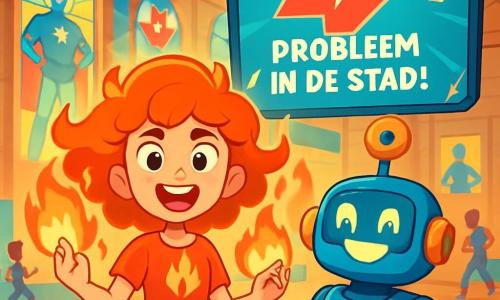 Nova Blaze, een jong meisje met stralend rood haar en nieuwsgierige ogen, staat in het midden van het podium met haar handen omhoog en omringd door dansende vlammen. Ze heeft een vastberaden en enthousiaste uitdrukking, klaar om een uitdaging aan te gaan. Naast haar staat Meester Giga, een grappige robot met een donutvormige antenne en een stralende glimlach, die aanmoedigend kijkt, met knipperende LED-ogen vol opwinding. De scène speelt zich af in de grote hal van de Heldenacademie, een ruime en lichte ruimte met gekleurde glazen muren, waar lichtstralen door superhelden-ramen filteren. Posters van beroemde helden versieren de muren en leerlingen trainen eromheen, wat een dynamische en levendige sfeer creëert. In deze illustratie reageren Nova en Meester Giga op een alarm op het grote scherm, dat een dringende boodschap toont: "Probleem in de stad!" De sfeer is energiek, met flitsen van licht en felle kleuren die de opwinding en urgentie van de situatie illustreren.