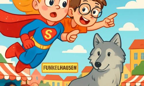 Super-Lisa, eine fröhliche und sprudelnde Superheldin, fliegt am Himmel, ihre blonden Haare wehen im Wind. Sie trägt ein glänzendes Kostüm in leuchtenden Farben mit einem roten Umhang, der in der Sonne funkelt. Ihr Gesicht zeigt Staunen und ein leichtes Verlegenheit, da sie gerade einen riesigen silbernen Wolf erscheinen ließ. Neben ihr hält sich Rudi, ein 10-jähriger Junge mit Brille und zerzausten Haaren, an ihrem Rücken fest. Er lächelt begeistert, seine Augen leuchten vor Aufregung, während er auf den riesigen Wolf zeigt, der gerade materialisiert ist. Im Hintergrund entfaltet sich die Stadt Funkelhausen mit ihren bunten Gebäuden und lebhaften Märkten. Menschen lachen und applaudieren, was eine fröhliche und lebendige Atmosphäre schafft. Die Hauptsituation zeigt Super-Lisa und Rudi, die das Chaos eines riesigen Wolfes bewältigen, der mitten im Markt gelandet ist, umgeben von buntem Obst und Gemüse, während das Gürteltier, ein kleines niedliches Tier mit einer Westentasche, die Szene mit einem schelmischen Lächeln beobachtet.
