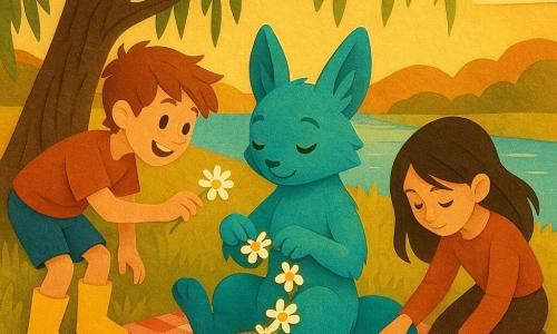 The main character is Lira, a small anthropomorphic creature with iridescent blue-green fur that shifts in the sun, shy serene expression, seated and braiding a daisy garland with her paws, smiling face and gentle eyes; secondary characters: Sam, a human boy with bright yellow boots and tousled hair, playful and leaning toward Lira offering a flower on her left; Mia, a human girl with dark hair falling over her face, soft focused expression, picking a flower on Lira's right slightly behind; setting: under a large willow with drooping branches, tall golden grass and a sparkling river in the background, a red-and-white check picnic blanket and warm late-afternoon sky; scene: the three friends weaving a long flower garland together, a mood of closeness and acceptance, layered cut compositions, visible paper textures, saturated contrasting colors, and soft sunset lighting.