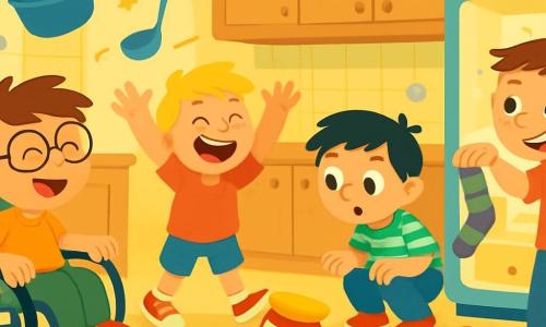 There are 4 children: Sam, an 8-year-old boy with messy brown hair and round glasses, sitting in his wheelchair, smiling and spinning around enthusiastically; Max, a 7-year-old boy with blond hair and freckles, standing with his arms raised, laughing at a jar of marmalade that just fell; Ollie, a 6-year-old boy with black hair and a striped t-shirt, crouched down, watching a jelly bouncing on the counter, eyes wide with surprise; and Ben, a 7-year-old boy with brown hair and a mischievous smile, standing next to Sam, holding a dancing sock on the counter. The setting is a bright, colorful kitchen with pastel yellow walls and wooden cabinets. Stars shine on the ceiling, and kitchen utensils seem to come alive, dancing around them. A large table is covered with candies and cakes, while a brightly colored fridge is open, emitting a golden light. The main scene shows the children on an adventure, laughing and having fun as a bouncing jelly and a dancing sock create a joyful mess in the kitchen.