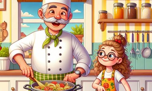 Chef Oliver is a tall, jovial man wearing a large white chef's hat that seems to dance on his head. His face is lit up by a broad smile, and his eyes sparkle with joy as he stirs a large pot of colorful pasta with tomatoes and basil. He wears a vegetable-patterned apron and rolled-up sleeves, showing his enthusiasm for cooking. Next to him, Sophie, an 8-year-old girl with curly hair and round glasses, is focused on cutting tomatoes with a small knife, her face determined. She stands slightly back, attentively observing Chef Oliver's movements. The setting is a warm, colorful kitchen with pastel yellow walls, shelves filled with spice jars, and shiny kitchen utensils hanging. A large window lets in sunlight, illuminating the fresh ingredients spread out on the wooden countertop. The scene depicts Chef Oliver and Sophie preparing a dish called 