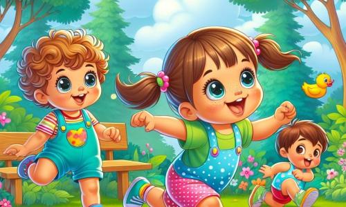 Un niño de 1 año, con cabello rizado y ojos brillantes de alegría, corre en un parque riendo, con los brazos levantados como si volara. Lleva un overol azul y zapatillas coloridas. A su lado, una niña de 1 año, con cabello largo y liso atado en dos coletas, ríe a carcajadas. Ella lleva un vestido rosa con lunares y sandalias amarillas, intentando alcanzarlo con gestos divertidos. Otro niño de 1 año, con cabello castaño desordenado y una gran sonrisa traviesa, se queda un poco atrás, listo para unirse a ellos. Lleva una camiseta verde y un pantalón corto rojo, haciendo ruidos de pato mientras se mueve. El parque está lleno de vegetación, con grandes árboles y flores coloridas que bailan con el viento. Al fondo, hay un banco de madera y un cielo azul con nubes blancas. La escena principal muestra a los tres amigos corriendo y jugando juntos, riendo e imitando patos, creando una escena alegre y llena de vida, donde la amistad y la felicidad son el centro de su aventura.