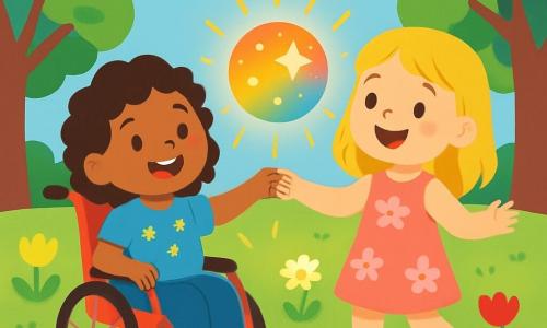 Há 2 personagens principais: - Luísa: uma menina de 8 anos, com cabelos castanhos e cacheados, sentada em uma cadeira de rodas vermelha. Ela usa uma camiseta azul com estrelas e um sorriso radiante no rosto. - Clara: uma menina de 7 anos, com cabelos loiros e lisos, em pé ao lado de Luísa. Ela veste um vestido rosa com flores e sandálias amarelas, segurando a mão de Luísa com entusiasmo. O cenário é um parque ensolarado, cheio de grandes árvores verdes com folhas brilhantes. Flores coloridas, como tulipas vermelhas e margaridas brancas, estão espalhadas pelo chão. No centro, uma grande grama verde convida a brincar, e um céu azul claro com algumas nuvens brancas flutuantes cria uma atmosfera alegre. A situação principal mostra Luísa e Clara dançando ao redor de uma grande bola mágica e colorida que brilha intensamente. A bola emite raios de luz alegre, e as duas meninas riem juntas, cercadas por uma aura de felicidade e amizade.