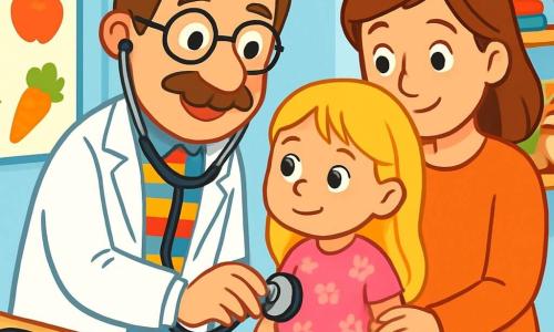 Dr. Paul ist ein Mann in den Vierzigern, mit leicht zerzausten braunen Haaren und einem großen Schnurrbart. Er trägt einen weißen Arztkittel, ein bunt gestreiftes Hemd und eine runde Brille, die ihm ein freundliches und warmes Aussehen verleihen. Er lächelt wohlwollend, während er den Bauch eines kleinen Mädchens abhört. Emma ist ein vierjähriges Mädchen mit langen blonden Haaren und neugierigen Augen. Sie trägt ein rosa Kleid mit Blumenmustern. Sie sitzt auf dem Untersuchungstisch, ein wenig nervös, aber lächelnd, und schaut Dr. Paul vertrauensvoll an. Ihre Mutter, eine Frau in den Dreißigern mit kastanienbraunen Haaren, trägt einen weichen Pullover und steht neben Emma, hält ihre Hand, um sie zu beruhigen. Die Szene spielt in einem hellen Untersuchungsraum eines Krankenhauses mit hellblauen Wänden, bunten Postern von Obst und Gemüse und verstreuten Spielzeugen auf einem Regal. Ein Stethoskop und ein Thermometer liegen auf einem Tisch in der Nähe. Dr. Paul hört aufmerksam Emmas Bauch mit seinem Stethoskop ab, während Emma tief durchatmet und versucht, sich zu entspannen. Emmas Mutter lächelt, beruhigt durch die Freundlichkeit von Dr. Paul.