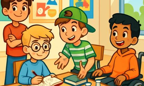 There are four children: Liam: A 12-year-old boy with messy brown hair and sparkling curious eyes. He wears a red t-shirt and jeans, standing with crossed arms and a confident smile. Noah: A 12-year-old boy with blond hair and round glasses. He is sitting on a chair with a sketchbook on his lap, drawing ideas for their project, wearing a light blue sweater. Ethan: A 12-year-old boy with brown hair and a green cap worn backward. He leans over a table surrounded by books and scientific materials, explaining an idea to his friends, wearing a striped t-shirt. Alex: A 12-year-old boy with black hair and a big smile. He is in his wheelchair, hands on the armrests, looking at his friends with enthusiasm, wearing an orange sweatshirt. The main setting is a bright classroom with colorful posters on poverty and mutual aid. Tables are filled with books, pencils, and sheets of paper. A large window at the back lets in sunlight, illuminating the space and creating a warm, inspiring atmosphere. The main situation shows the four friends brainstorming around a large table, energetically exchanging ideas for their project on poverty. Drawings, notes, and books are scattered around them as they smile and laugh, united by their desire to help their community.