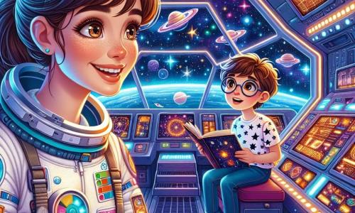 No primeiro plano, uma jovem astronauta, Ana, flutua em uma cabine de espaçonave. Ela tem cabelos castanhos presos em um rabo de cavalo, olhos curiosos e um grande sorriso. Veste um traje espacial branco com detalhes coloridos e está cercada por painéis de controle iluminados com botões piscando alegremente. Ao lado dela, um garoto de doze anos, Lucas, observa maravilhado. Ele tem cabelos desordenados, óculos redondos e uma camiseta com estampas de estrelas. Segura um livro sobre astronomia, com os olhos arregalados, como se estivesse anotando tudo mentalmente. A cena acontece dentro de uma espaçonave moderna, com janelas para um céu estrelado e planetas coloridos ao fundo. As paredes têm telas mostrando dados científicos e imagens de galáxias distantes, criando uma atmosfera futurista e mágica. Ana e Lucas discutem entusiasticamente sobre exploração espacial, com Ana explicando as maravilhas do universo, enquanto Lucas escuta atentamente, fascinado por cada palavra. As estrelas brilham através das janelas, acrescentando um toque de mistério e aventura a este encontro inspirador.