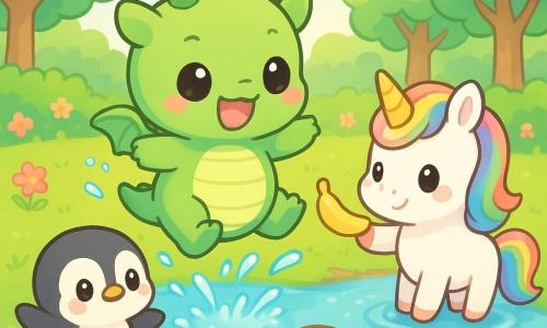 Hauptfigur: kleiner hellgrüner Chibi-Drache mit runden glänzenden Augen, fröhlichem Lächeln und leicht gestreiftem, rundem Bauch, der mit kleinen Pfoten im Wasser planscht und einen verspielten, überraschten Ausdruck zeigt; Nebenfiguren: weißes Chibi-Einhornpony mit schillernder Regenbogenmähne und lächelndem Maul, steht im Wasser und reicht dem Drachen eine glänzende Banane, schelmisch-freundlich, sowie ein rundlicher schwarz-weißer Chibi-Pinguin mit neugierigen Augen und rosa Backen, der auf dem Bauch zum Bach rutscht, wo Kekse schwimmen, begeistert gestikulierend; Ort: helle Waldlichtung mit weichem grünem Gras, bunten Blumen, runden Baumstämmen und seichtem Bach mit bläulichen Reflexen und funkelnden Blasen; Szene: Freunde holen schwimmende Kekse aus dem Bach, niedliche Spritzwasser, gemeinsame Freude, heitere warme Stimmung, einfache Komposition und lebhafte Pastellfarben.