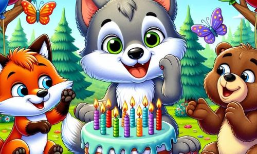 Un piccolo lupo dai peli grigi e morbidi, con grandi occhi scintillanti di gioia, si trova al centro dell'immagine, sorridendo ampiamente mentre tiene un grande torta di compleanno decorata con candele colorate. Alla sua destra, una volpe astuta con un pelo rosso brillante e una coda folta, sorride con entusiasmo, alzando una zampa per applaudire. A sinistra, un orso bruno robusto, con un volto amichevole e occhi brillanti, si piega in avanti, pronto a soffiare le candele con il lupo, mostrando un'espressione di felicità contagiosa. La scena si svolge in una radura soleggiata, circondata da alberi verdi e fiori colorati che danzano nel vento, con palloncini multicolori che fluttuano nell'aria. Il lupo, circondato dai suoi amici, sta per soffiare le candele della sua torta di compleanno, mentre farfalle colorate volano intorno a loro, aggiungendo un tocco magico a questo momento di festa e amicizia.