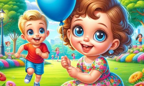 Una bambina di un anno, con grandi occhi brillanti e capelli ricci castani, sorride meravigliata tenendo un palloncino blu nelle sue piccole mani. Indossa un vestito colorato a fiori ed è seduta sull'erba verde del parco, circondata da fiori multicolori. Accanto a lei, un ragazzo di 5 anni, con capelli biondi e occhi scintillanti, ride correndo intorno a lei. Indossa una maglietta rossa e pantaloni corti blu, e sembra felice e amichevole. Il parco è illuminato, con un cielo azzurro chiaro punteggiato di nuvole bianche e soffici. Alberi maestosi costeggiano il sentiero, e bambini giocano sullo sfondo, creando un'atmosfera gioiosa e vivace. La scena principale mostra Sofia e Marco, i due amici, che giocano insieme, ridendo e correndo nel parco, mentre il palloncino blu sale dolcemente nel cielo, simboleggiando la loro nuova amicizia.