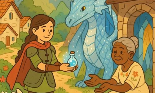 Elara, o tânără curajoasă cu păr brun împletit, îmbrăcată într-o armură ușoară din piele verde și o pelerină roșie, îi întinde cu mândrie o fiolă strălucitoare cu apă vie bătrânei Amara, cu păr gri în coc și rochie crem brodată, care stă pe pragul unei case de piatră cu expresie emoționată și blândă; pe fundal, un mare dragon de cristal cu solzi albastru-argintii strălucitori păzește intrarea unei peșteri de cristal, iar un iepuraș alb curios stă pe o stâncă privind fiolea, totul într-un sat înflorit la poalele unui munte, cu case cu acoperișuri roșii, grădini colorate și o atmosferă magică, caldă și potrivită copiilor, raze de soare filtrând printre nori.