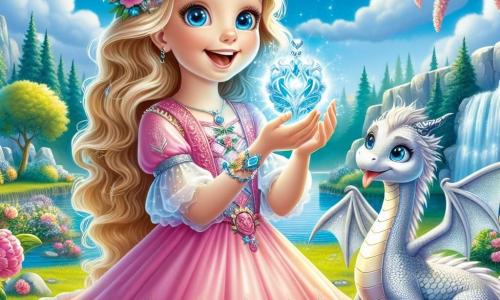 Prințesa Elara, o fetiță de aproximativ 10 ani, are părul lung și auriu care strălucește la soare și poartă o rochie roz împodobită cu flori colorate. Are un zâmbet radiant pe față, exprimând bucurie și uimire, în timp ce ține un pandantiv magic în mâini, iluminat de o lumină albastră blândă. Lângă ea se află un dragon măreț, cu solzi argintii și ochi strălucitori ca stelele. El stă pe picioarele din spate, privindu-o pe Elara cu admirație, pregătit să o ajute în căutarea ei. Decorul se află într-o grădină feerică, plină de flori strălucitoare și copaci cu frunze aurii, sub un cer albastru deschis presărat cu nori albi pufoși. În depărtare, o cascadă strălucitoare deversează apele într-un pârâu mic, adăugând o notă de magie mediului. Situația principală arată cum Elara și dragonul se pregătesc să înfrunte o provocare, cu pandantivul strălucind în mâna ei, simbolizând speranța și magia, în timp ce se confruntă cu o umbră misterioasă care pare să apară din spatele copacilor.