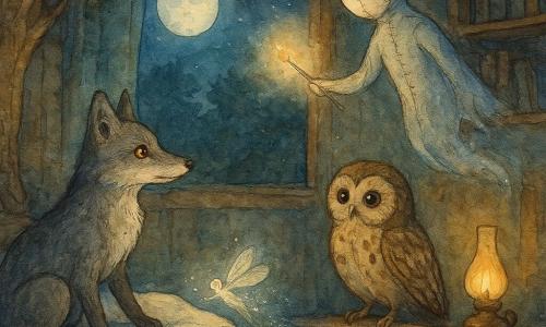 Bruma, un zorro de pelaje gris neblina y ojos ámbar, está sentado al borde de la cama con una pata sobre una pila de almohadas; la lechuza, búho de plumas marrones moteadas y ojos sabios, está posada en la mesilla, inquieta pero aliviada; La Sutura, fantasma hecho de hilos y retazos con una silueta difusa y puntadas visibles, se inclina sobre la cama, concentrada pero vacilante, sosteniendo una aguja luminosa; el ángel de polvo, pequeña criatura centelleante sin rostro, vuela sobre las sábanas dejando trazas de purpurina plateada; la habitación, en un rincón bajo un gran roble, tiene paredes de tablones gastados, estanterías con libros antiguos, una lámpara de aceite que proyecta halos cálidos y una ventana abierta a una luna llena y un jardín de sombras; escena principal: noche tranquila y misteriosa en la que La Sutura ordena dulcemente los sueños rotos mientras Bruma vela por la intimidad y la lechuza recupera sus sueños, con luz suave, contrastes de azules y ocres y texturas visibles de tela, hilo y polvo.