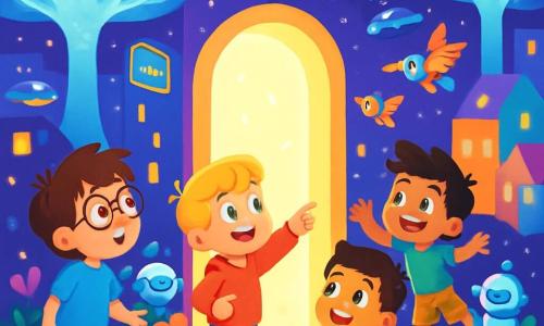 Hay 4 niños: - Leo: un niño de 10 años, con pelo castaño desordenado y gafas redondas. Lleva una camiseta azul y un pantalón corto amarillo. Está a la izquierda, mirando con asombro la puerta de luz. - Mateo: un niño de 9 años, con pelo rubio y ojos verdes brillantes. Lleva una sudadera roja y jeans. Está en el centro, señalando los árboles brillantes. - Simón: un niño de 8 años, con pelo negro y una sonrisa radiante. Está en una silla de ruedas flotante, vestido con una camisa a rayas. Está a la derecha, admirando los pájaros robots que vuelan a su alrededor. - Nico: un niño de 7 años, con pelo castaño y gafas de sol. Lleva una camiseta verde y pantalones cortos con estampados. Está un poco atrás, saltando de emoción al ver las casas coloridas. El lugar es Luminópolis, una ciudad futurista donde árboles luminosos iluminan el cielo nocturno con tonos de violeta y azul. Las casas de paredes cambiantes brillan como estrellas, y coches voladores se deslizan silenciosamente sobre las calles. La situación principal muestra a los niños maravillados frente a una puerta de luz brillante que acaba de aparecer, rodeada de flores luminosas y robots amigables que los reciben con sonrisas.