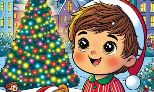 Un niño pequeño de 1 año, con grandes ojos brillantes y cabello castaño desordenado, está de pie frente a un majestuoso árbol de Navidad. Lleva un pijama rojo a rayas y un gorro navideño, mostrando una expresión maravillada y alegre. A su lado se encuentra un osito de peluche mágico, llamado Tito, que lleva un pequeño gorro rojo y una bufanda verde. Tito sonríe y parece listo para compartir la magia de la Navidad con Tomás. La escena transcurre en una ciudad iluminada por guirnaldas brillantes, con copos de nieve cayendo suavemente del cielo. Las casas están decoradas con luces de colores, y los niños juegan alegremente alrededor del árbol. Tomás y Tito miran juntos el árbol de Navidad, lleno de luces centelleantes y decoraciones brillantes, mientras el espíritu navideño los rodea, creando una atmósfera cálida y festiva.
