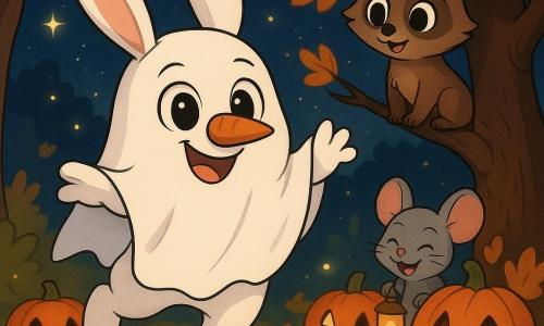 Un coniglietto bianco di nome Tobia, con grandi occhi brillanti e un sorriso malizioso, è travestito da fantasma con un lenzuolo bianco e una falsa carota per naso. Salta allegramente su un sentiero bordato di foglie autunnali, circondato da lanterne a forma di zucca che brillano dolcemente nella notte. Accanto a lui, la civetta Olivia, con il piumaggio marrone e i grandi occhi rotondi, osserva curiosa, posata su un ramo, con un'espressione divertita. Un topolino di nome Gigi, con il pelo grigio e grandi orecchie, si nasconde dietro una zucca, ridendo mentre tiene una piccola lanterna. Il luogo è una foresta incantata, illuminata da stelle scintillanti e lucciole che danzano attorno agli alberi con foglie dorate. Tobia, pieno di eccitazione, si prepara a scegliere un sentiero misterioso per trovare la Leggendaria Zucca Sorridente, mentre i suoi amici lo incoraggiano con risate e grida gioiose.