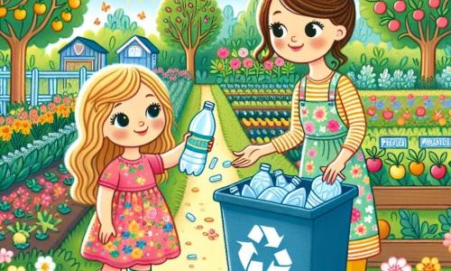 Een 4-jarig meisje, Lotte, met lang blond haar en sprankelende nieuwsgierige ogen, glimlacht vrolijk terwijl ze een plastic fles vasthoudt die ze net uit de tuin heeft gehaald. Ze draagt een kleurrijke jurk met bloemenpatronen en rubberen laarzen. Naast haar staat haar moeder, een vrouw van in de dertig met kastanjebruin haar in een knot, die trots glimlacht terwijl ze Lotte laat zien waar ze de fles in de recyclingbak moet doen. De tuin is groen en zonnig, vol kleurrijke bloemen, fruitbomen en groenten die in goed onderhouden rijen groeien. Er staat een grote blauwe recyclingbak naast hen, vol plastic afval. De belangrijkste situatie toont Lotte en haar moeder die de tuin aan het schoonmaken zijn, waarbij Lotte leert recyclen en voor de natuur zorgt, met een vastberaden en blije uitdrukking op hun gezicht.