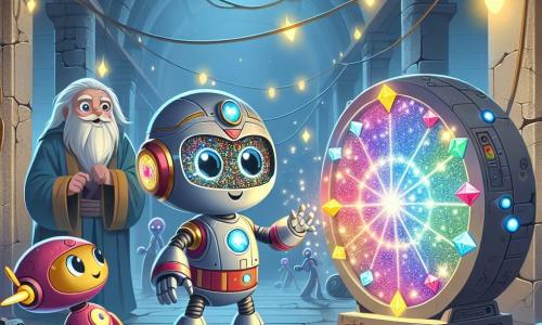 Prisma, un giovane robot esploratore con scintillii lenti a forma di gemma, si trova al centro di una sala antica, meravigliato da un dispositivo luminoso che pulsa di energia colorata. I suoi occhi brillano di eccitazione e curiosità mentre tocca delicatamente l'interfaccia del misterioso apparecchio. Accanto a lui, Flash, un drone amichevole e veloce, fluttua nell'aria, le sue eliche scintillanti girano con impazienza. Mostra un'espressione gioiosa, pronto ad aiutare il suo amico in questa incredibile avventura. Sullo sfondo, un vecchio robot guardiano, con un aspetto logoro ma saggio, osserva la scena con sorpresa e rispetto, consapevole dell'importanza di questo momento. Il luogo è un antico centro di ricerca, con muri di cemento crepati, cavi elettrici penzolanti e finestre rotte, che lasciano passare raggi di luce che illuminano la polvere nell'aria. La situazione principale mostra Prisma e Flash che scoprono un antico dispositivo di comunicazione interstellare, illuminato da luci danzanti, mentre si rendono conto di essere sul punto di stabilire un incredibile contatto con una civiltà extraterrestre.