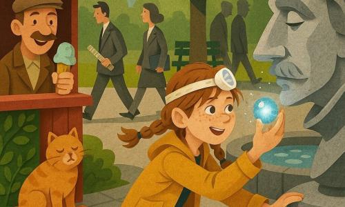 O fată de 12 ani cu părul șaten deschis în două împletituri dezordonate, pistruiată, zâmbitoare și hotărâtă, ține o bilă luminoasă albastru-argintie în palmă și o ascunde sub nasul mare al unei statui de poet lângă o fântână; poartă o jachetă galben-muștar și blugi uzați, cu o „lanternă frontală” desenată pe frunte. În stânga, un vânzător de înghețată de circa 45 de ani, cu mustață subțire și șapcă retro, ține un cornet cu mentă care se topește, zâmbind complice în spatele unui chioșc roșu din hârtie tăiată. O pisică roșcată, corpolentă, stă pe un covoraș dungat și apasă o labă pe o trapă de hârtie, privind fata ca un manager obosit. Trei persoane adulte în costume gri, siluete un pic unghiulare, țin rigle și dosare și se apropie în șir, cu expresii rigide; umbrele lor lungi se proiectează în fundal. Totul se petrece într-un parc urban stilizat ca un colaj din hârtie: fântână rotundă, apă albastru-translucid, alei pietruite, un tei mare cu frunze tăiate și bănci verzi. Scena are o atmosferă absurdă și jucăușă, culori vii, siluete clare și texturi suprapuse de hârtie; biluța emite scântei argintii mici când fata o ascunde sub nasul statuii.