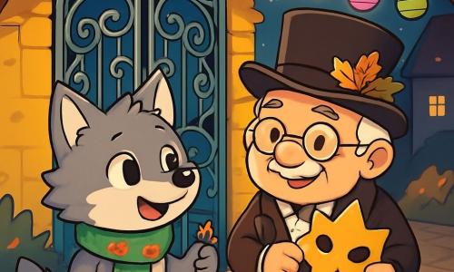 A small, soft gray wolf named Milo stands in front of a large iron door adorned with delicate patterns, his face expressing curiosity and excitement. He wears a green scarf with small pumpkin designs and holds a small golden bell in his paw. Next to him, an older man, Mr. Poppy, the mask seller, is short and stocky, with sparkling eyes and a warm smile. He wears a top hat decorated with autumn leaves and holds a star-shaped mask, looking kindly at Milo. The setting is a cobblestone square bathed in moonlight, with colorful lanterns gently floating in the cool Halloween air. Trees with golden leaves surround the square, and shadows dance on the walls of old houses. The main scene shows Milo and Mr. Poppy preparing to welcome mysterious creatures emerging from the darkness, their faces illuminated by lantern light, ready to share laughter and riddles in a magical and warm atmosphere.