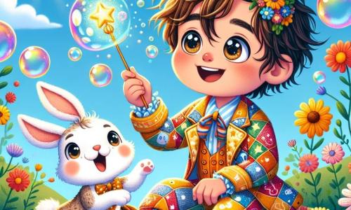 Un niño pequeño de 1 año, Nico, con cabello castaño desordenado y grandes ojos brillantes de curiosidad, agita una varita mágica brillante, con una sonrisa maravillada en su rostro. Lleva un overol colorido con patrones de nubes y estrellas, y está sentado en un jardín soleado. A su lado, un adorable conejito, su mejor amigo, lleva un sombrero divertido en forma de zanahoria. El conejo, con su pelaje blanco y grandes orejas, salta alegremente, riendo a carcajadas por las burbujas que flotan a su alrededor. El jardín está lleno de flores multicolores que bailan al ritmo de una suave melodía, bajo un cielo azul salpicado de nubes esponjosas. Burbujas de jabón brillantes se elevan en el aire, creando una atmósfera mágica y alegre. En esta escena, Nico usa su varita mágica para hacer aparecer burbujas de jabón que flotan y bailan a su alrededor y el conejo, mientras las flores cantan alegremente, añadiendo un toque de fantasía humorística a este momento encantador.