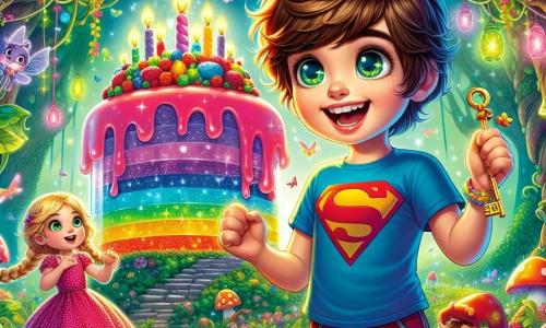 Um menino de 10 anos, Lucas, com cabelos castanhos bagunçados e olhos brilhando de alegria, está em frente a uma grande gelatina colorida, com um sorriso radiante no rosto. Ele usa uma camiseta azul com estampas de super-heróis e um short vermelho, segurando uma chave dourada na mão, pronto para desvendar o mistério do bolo de aniversário. Ao lado dele, sua irmãzinha, Emma, de 6 anos, com cabelos loiros trançados e um vestido rosa de bolinhas, observa com os olhos arregalados, cheia de empolgação e admiração pelo irmão. Ela segura um pequeno bichinho de pelúcia em forma de dragão nos braços. Ao fundo, a clareira mágica do jardim é iluminada por vagalumes cintilantes, cercada por árvores majestosas com folhas verdes brilhantes. Cogumelos coloridos crescem aqui e ali, e uma guirlanda de flores luminosas pendura-se dos galhos. A cena principal mostra Lucas, determinado e alegre, pronto para resolver o desafio do cadeado gigante na porta da gelatina, enquanto fadas e criaturas mágicas observam com curiosidade, acrescentando um toque de magia a esta cena de aniversário cheia de aventuras.