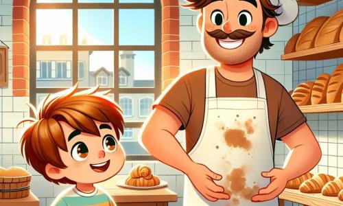 Um homem sorridente, chamado João, é o personagem principal. Ele tem cabelos castanhos ligeiramente bagunçados, um rosto redondo e acolhedor, e usa um grande avental branco manchado de farinha. Ele está tirando do forno croissants dourados, uma expressão de orgulho e alegria iluminando seu rosto. Ao seu lado está Miguel, um garoto de oito anos, com cabelos castanhos e olhos brilhantes de curiosidade. Ele usa uma camiseta colorida e um pequeno avental. Miguel observa com admiração os croissants, com as mãos na cintura, pronto para aprender. A cena acontece em uma charmosa padaria, com paredes de tijolos vermelhos e grandes janelas que deixam entrar a luz da manhã. Prateleiras de madeira estão cheias de pães e doces, e o ar está impregnado com um delicioso aroma de pão fresco e manteiga. A situação principal mostra João e Miguel compartilhando um momento de cumplicidade, enquanto João explica com entusiasmo a magia da padaria, enquanto croissants quentes e dourados saem do forno, simbolizando a paixão e o amor pela profissão.