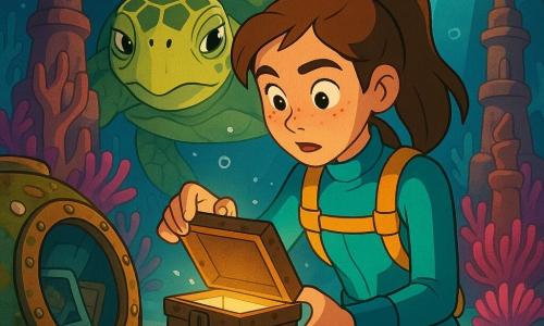 About a 16–18-year-old female explorer with chestnut ponytail and freckled face, wide, determined eyes, wearing a turquoise wetsuit with yellow straps, delicately opening a small rusty metal box at the center; a large olive-green sea turtle with yellow markings and a calm, wise expression swims just behind her as if guiding her, lit by a halo; the scene is a vast underwater chamber with sculpted coral columns, waving anemones, white sand and shafts of sunlight through ceiling cracks; in the foreground an oxidized research capsule hatch overgrown with algae and shells shows notebooks and a photograph through a cracked window; vivid contrasting colors, light reflections, rising bubbles and detailed textures focus composition on the open box and the exchanged gaze between the woman and the turtle.