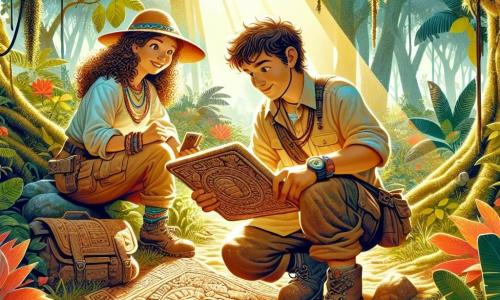 An archaeologist, Dr. Elena Castaneda, in her thirties with curly brown hair and curious sparkling eyes, is crouched in a lush jungle, a look of wonder on her face as she uncovers an ancient terracotta artifact. She wears a straw hat, a long-sleeved shirt, and cargo pants, all covered in dust and dirt. Nearby, a young man around 20, Marco, with short hair and a budding beard, intently examines a pottery fragment, a focused expression on his face. He is dressed in a t-shirt and shorts, with a backpack filled with archaeological tools at his feet. The scene takes place in a clearing surrounded by tall trees with vibrant green leaves, hanging vines, and colorful flowers. Sunbeams pierce through the foliage, illuminating the ground covered in dead leaves and roots. The main focus shows Elena, amazed, carefully uncovering an ancient tablet engraved with mysterious glyphs, while Marco enthusiastically takes notes, both immersed in the magic of archaeological discovery.