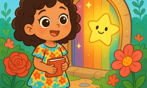 Una niña de 4 años, Aina, con grandes ojos brillantes y cabello rizado, se encuentra frente a una puerta redonda y brillante, su rostro radiante de asombro y curiosidad. Lleva un vestido de flores coloridas y sostiene un pequeño cuaderno en sus manos. A su lado, una luz suave y cálida, Luma, que parece una pequeña estrella brillante flotando en el aire, la anima con una sonrisa amistosa. El lugar es un jardín encantado, lleno de rosas gigantes de colores vivos, flores que bailan al viento y un cielo azul brillante. Aina se prepara para entrar en el misterioso pasillo de colores que se extiende detrás de la puerta, un pasaje vibrante y mágico que parece invitarla a descubrir aventuras en el tiempo.