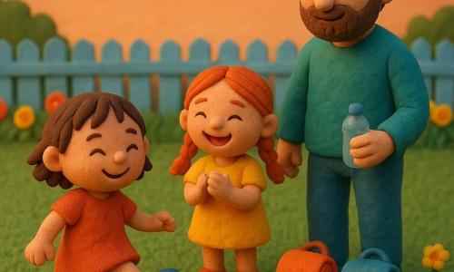 Ana (≈6 ani) cu față rotundă de plastilină, păr scurt șaten, zâmbitoare, dă o minge colorată de cauciuc; Mara (≈6 ani) cu cosițe roșcate râzând, întinde mâinile pentru pase; tatăl (≈35 ani) cu barbă moale de plastilină, ține o sticlă mică de apă din plastic și privește binevoitor; grădina are iarbă verde, gard din lemn vopsit bleu, un rondou de flori roșii și galbene și două ghiozdane puse ca poartă improvizată; la apus, un meci cald de fotbal — mingea face „poc-poc”, Ana înscrie între ghiozdane, fetele aplaudă și o floricică rămâne neatinsă — scenă veselă, blândă și sigură.