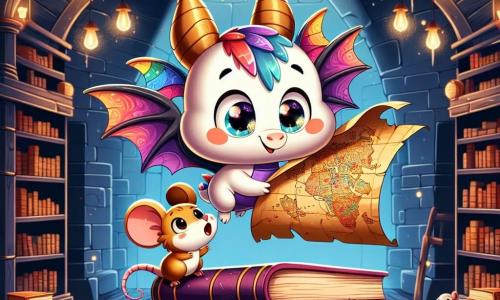 Un mic dragon de hârtie numit Papi, cu aripi multicolore și ochi strălucitori de curiozitate, zboară peste o bibliotecă veche. Pare uimit și fericit, plutind deasupra rafturilor din lemn întunecat, înconjurat de cărți cu coperți aurii și uzate. Lângă el, un mic șoricel numit Mușchișor, cu blană maronie deschisă și urechi mari și atente, se uită la harta comorii pe care tocmai au descoperit-o. Are o expresie de entuziasm și determinare, ținând harta cu lăbuțele sale mici, stând pe un morman de cărți. Scena se desfășoară într-o bibliotecă misterioasă, plină de rafturi din lemn, cărți stivuite și lumini difuze care creează o atmosferă magică. Papi și Mușchișor descoperă o hartă a comorii misterioase, pregătiți să plece la aventură pentru a găsi un cufăr ascuns, înconjurați de cărți care par să șoptească secrete vechi.