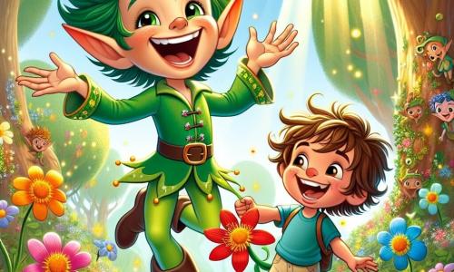 Un elf vesel, numit Zâna Verde, cu urechi mari și ascuțite și păr verde strălucitor, dansează în mijlocul unei poieni însorite, înconjurat de flori colorate care par să zâmbească. Fața lui este luminată de un zâmbet larg, iar el poartă o tunică verde împodobită cu petale de flori. Lângă el, Radu, un băiat de 8 ani cu păr castaniu ciufulit și ochi strălucitori de curiozitate, ține în mâini o floare magică roșie, râzând de bucurie. El poartă un tricou albastru și o pereche de pantaloni scurți bej, stând puțin în spate, admirând elf. Scena se desfășoară într-o pădure fermecată, unde copaci mari și majestuoși se ridică spre cer, frunzele lor strălucind la soare. Razele de lumină filtrează prin crengi, iluminând solul acoperit cu flori multicolore și mici creaturi amuzante care observă scena cu ochii mari. În această ilustrație, Zâna Verde și Radu sărbătoresc prietenia lor și magia florilor, într-o atmosferă veselă și plină de viață, în timp ce o briză ușoară face să danseze frunzele din jurul lor.