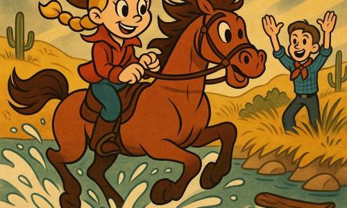 O tânără cowgirl determinată și zâmbitoare, părul blond în împletituri, pălărie brună, jachetă roșie, ține rênile și conduce calul la galop prin apă; calul alezan numit Fulger, mare și musculos, stropește în jurul copitelor, urmat cu energie; un băiat adolescent de ~16 ani, Tom, în cămașă în carouri albastre și batic roșu, stă pe malul drept cu brațele ridicate încurajând; scena la vadul unui râu larg cu apă clară și stropi albi, maluri cu iarbă aurie și cactuși, cer dramatic cu nori gri și pete galbene, stil vizual cartoon rubber hose, culori saturate și mișcare accentuată.