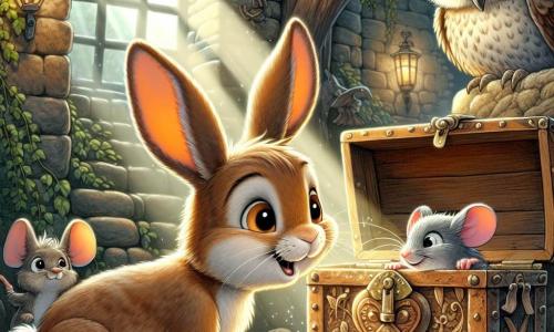 Max, ein junger Hase mit großen Ohren und weichem, braunem Fell, schaut fasziniert auf eine geheimnisvolle alte Truhe, seine Augen leuchtend vor Neugier und Aufregung. Neben ihm beugt sich Felix, eine kleine, schlaue Maus mit grauem Fell und funkelnden Augen, neugierig vor, mit einem schelmischen Lächeln im Gesicht. Ella, eine weise Eule mit weißen Federn und großen goldenen Augen, schwebt über der Szene, beobachtet aufmerksam mit einem ernsthaften, aber wohlwollenden Ausdruck. Buddy, ein robuster Hund mit braunem Fell und hängenden Ohren, steht neben Max, bereit, ihn zu beschützen, und zeigt einen entschlossenen Gesichtsausdruck. Ihre Abenteuer spielen sich in einer alten, geheimnisvollen Mühle ab, mit steinernen Wänden, die mit Efeu bewachsen sind, Spinnweben in den Ecken und Lichtstrahlen, die durch die zerbrochenen Fenster fallen und eine magische, faszinierende Atmosphäre schaffen. In der Mitte des Raumes scheint die alte Truhe aus abgenutztem Holz mit zarten Mustern vergessene Geheimnisse zu bergen und lädt die Freunde ein, zu entdecken, was sie enthält.
