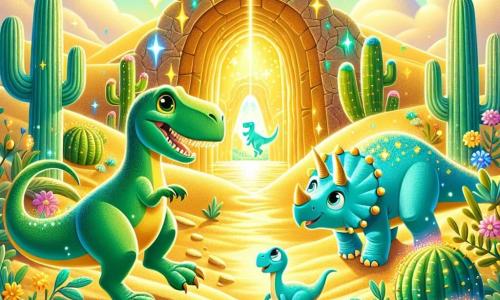 Un Tyrannosaurus Rex llamado Tino, con piel verde brillante y ojos llenos de curiosidad, se encuentra en el centro de la imagen, sonriendo con entusiasmo mientras explora el desierto dorado. A su lado, un diplodocus llamado Dino, con un largo cuello y piel azul clara, mira a Tino con amistad, listo para acompañarlo en su aventura. Al fondo, una cueva misteriosa, iluminada por piedras mágicas, se eleva entre dunas de arena dorada, salpicadas de cactus verdes y flores coloridas. La escena muestra a Tino y Dino dirigiéndose hacia la cueva, ansiosos por conocer al legendario triceratops que puede traer la lluvia, mientras aves alegres vuelan a su alrededor, añadiendo vida y magia al entorno.