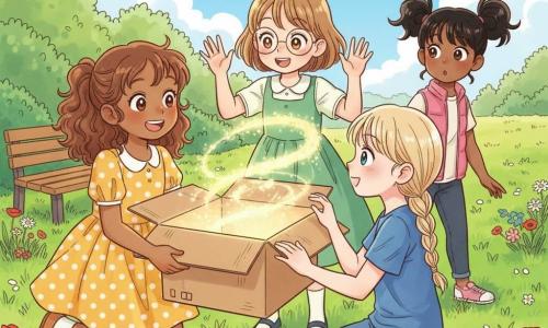 Vier kinderen in een zomerse tuin: Noor (ongeveer 8) met bruin krullend haar in een staart en een gele jurk met witte stippen houdt vooraan links een open kartonnen doos vast en lacht naar het licht; Sofie (7) met blond steil haar in een zijvlecht, blauw T‑shirt en spijkerbroek hurkt rechts naast de doos met haar hand op de rand alsof ze luistert; Emma (8) met kort kastanjebruin haar en ronde bril in een groene jurk staat achter de doos in het midden en heft de handen naar een klein gouden lichtwerveltje dat uit de doos ontsnapt; Mila (7) met zwart haar in staartjes en een roze vest staat rechts op de achtergrond, houdt Emma’s hand vast en kijkt verbaasd naar de prairie; de doos fungeert als tijdmachine waaruit zachte gouden gloed en fonkelende vonkjes komen, omgeving: glanzend groen gras, kleurrijke wilde bloemen, een houten bankje en een groene haag tegen een lichtblauwe lucht met een paar pluizige wolken, vrolijke magische sfeer in een kinderlijke manga‑stijl met felle kleuren en zachte lijnen.