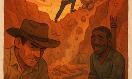 Uomo adulto Tom: volto segnato dal sole, pelle abbronzata, capelli castani corti sotto un cappello da cowboy consumato, sguardo concentrato; taglia una corda con un piccolo coltello all'ombra di una roccia per liberare un prigioniero. Ragazzo Nate (~16): magro, capelli neri spettinati, nervoso ma coraggioso; su una cornice di pietra spinge piccoli massi per provocare una frana che blocca il passaggio. Uomo più anziano Elias (~50): cicatrice sul mento, barba incolta, abiti rattoppati, stanco ma sollevato; legato a un palo tra le rocce, pronto a rialzarsi. Luogo: gola bassa e polverosa dalle pareti rosse e ocra, passaggio stretto, legna e una tenda bassa, polvere sospesa, ruscelletto scuro tra i massi. Situazione: scena tesa ed eroica al crepuscolo — Tom taglia la corda mentre Nate scatena una pioggia di pietre dall'alto per impedire l'ingresso ai banditi; contrasti caldi (arancioni del tramonto) e ombre fredde. Stile visivo: colori saturi, texture granulate per la roccia, tratti morbidi per i personaggi, piccoli doodle (vortici di polvere, note disegnate) per un tono giovanile.