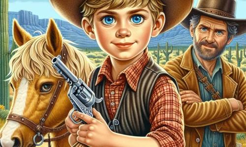 Na środku obrazu stoi dumnie dwunastoletni chłopiec, Jack McGraw, na swoim mustangu o złotych grzywie. Ma duże, błyszczące niebieskie oczy i nosi skórzany kapelusz kowbojski, czerwoną koszulę w kratę oraz skórzaną kamizelkę. Jego twarz wyraża odważną determinację, gdy celuje rewolwerem w horyzont, gotowy bronić swojego obozu. Po jego prawej stronie stoi ojciec, mężczyzna w wieku około czterdziestu lat z brązową brodą i opalonymi rysami twarzy, z dumą obserwujący syna. Ma zużyty kapelusz kowbojski i skórzaną kurtkę, z założonymi rękami, z zachęcającym uśmiechem. W tle rozciąga się dziki krajobraz Dzikiego Zachodu, z falującymi wzgórzami, rozrzuconymi kaktusami i błękitnym niebem usianym białymi chmurami. Słońce świeci intensywnie, oświetlając scenę złotym światłem. Główna sytuacja przedstawia Jacka i jego ojca, którzy stają w obliczu zbliżającej się grupy bandytów, podczas gdy młody kowboj przygotowuje się do obrony swojego obozu z odwagą. Atmosfera jest pełna napięcia i ekscytacji, uchwycając ducha przygody Dzikiego Zachodu.