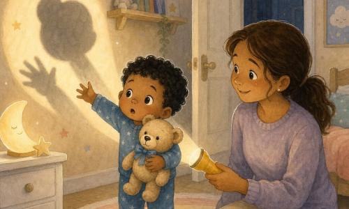 Un bambino di 2 anni, occhi rotondi e capelli neri ricci, viso sorpreso ma rassicurato, stringe un orsacchiotto beige con fiocco blu e tende la mano verso un'ombra sul muro; la madre (circa 30 anni), capelli castani raccolti in coda, è inginocchiata a destra del bambino, sorride e tiene una piccola torcia gialla che proietta una luce calda creando un'ombra rotonda e un'ombra di mano; stanza bambini con tappeto rotondo pastello, comò bianco con luce notturna a luna, porta socchiusa su un corridoio scuro, pareti crema con mensola e stelle, contrasto morbido tra la luce calda e l'oscurità.