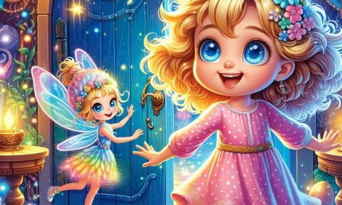 A 6-year-old girl named Lily, with sparkling blue eyes and golden curls dancing around her joyful face, stands in front of a shimmering blue wooden door. She wears a pink dress with white polka dots and smiles in wonder, her arms outstretched as if ready to embrace adventure. Beside her, Bubbles, a dream fairy with sparkling wings and a dress made of colorful flower petals, joyfully flies, her eyes shining with mischief. The setting is a magical room filled with colorful lights and stardust, featuring a large wooden table at the center covered with strange and wonderful objects like shiny stones and shimmering feathers. The main scene shows Lily and Bubbles discovering a glowing portal opening before them, illuminating the room with a golden glow while dream sparkles float around them, creating an enchanted atmosphere full of promise.