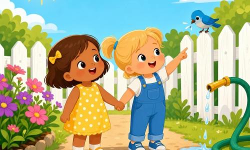 Two toddlers, Mia (2) with short brown hair in a yellow polka-dot dress on the left and Nora (2) with blonde pigtails in blue overalls on the right, hold hands on a sunny garden path bordered by green lawn, a low hedge and a white picket fence; they smile and look at a small bird on the fence while picking up a crumpled paper cup near their feet, a green hose drips nearby and the scene is soft, colorful and rounded.