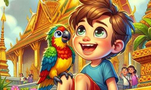 Ein 6-jähriger Junge namens Max mit zerzausten braunen Haaren und großen, neugierigen Augen sitzt auf einer goldenen Steinstufe vor einem majestätischen thailändischen Tempel. Er trägt ein blaues T-Shirt und eine rote Shorts und hat ein breites Lächeln im Gesicht, beeindruckt von der Schönheit des Ortes. Neben ihm sitzt sein bester Freund, ein bunter Papagei namens Piko mit grünen und gelben Federn, der fröhlich auf seiner Schulter sitzt und zwitschert. Der Tempel ist mit schimmernden goldenen Dächern geschmückt und von üppigen Gärten mit leuchtenden Blumen und bunten Laternen umgeben. Im Hintergrund bewundern Touristen die Architektur, was der Szene Leben verleiht. Max und Piko sind von der Legende eines goldenen Drachen fasziniert und bereit, ein magisches Abenteuer an diesem bezaubernden Ort zu erleben.