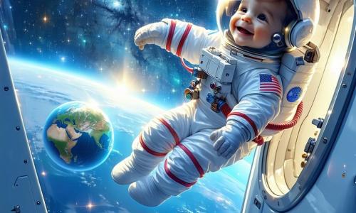 Ein männlicher Astronaut namens Max schwebt schwerelos in seiner Raumkapsel. Er trägt eine elegante, glänzende weiße Uniform und einen großen, transparenten Helm, der die Sterne reflektiert. Sein Gesicht strahlt immense Freude und sprudelnde Neugier aus, während er durch das Fenster schaut. Draußen erscheint die Erde als wunderschöne blaue und grüne Kugel, beleuchtet von der Sonne. Neben ihm, in einer Ecke der Kapsel, sitzt Leo, ein 10-jähriger Junge, der über einen kleinen Bildschirm mit Max kommuniziert. Leo hat zerzauste braune Haare und trägt ein oranges T-Shirt. Er schaut fasziniert auf das Bild des Weltraums, das Max ihm zeigt, seine Augen leuchten vor Begeisterung. Die Raumkapsel ist von einem weiten, sternenübersäten Himmel umgeben, mit funkelnden Sternen und bunten Planeten im Hintergrund. Man sieht das tiefschwarze All, durchzogen von kleinen, leuchtenden Punkten. Die Hauptsituation zeigt Max, der sein Weltraumabenteuer mit Leo teilt, während sie gemeinsam die Wunder des Universums entdecken und einen magischen Moment der Freundschaft und Entdeckung schaffen.