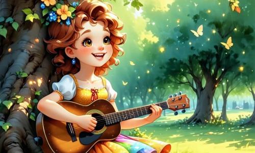 Celeste, a woman with curly red hair, radiates joy as she plays guitar under a large oak tree in a sunny park. Her bright smile and sparkling eyes reflect her happiness in sharing music with children. She wears a colorful dress that dances in the wind, adding a touch of magic to the scene. Next to her, Leo, an 8-year-old boy with messy blonde hair and excited eyes, holds a small guitar. He looks at Celeste with admiration, ready to sing their new song. His face is lit up by a wide smile, and he wears a striped t-shirt and denim shorts. The setting is Harmony Park, a vibrant space filled with children's laughter, colorful flowers, and families on picnic blankets. Majestic trees provide shade, and birds sing joyfully, creating a warm and welcoming atmosphere. The main scene shows Celeste and Leo singing together, surrounded by a group of children who listen in awe. The children are captivated by the music, some dancing and others singing along, creating a joyful and lively scene.